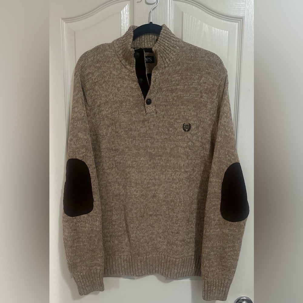 Men’s Chaps‎ Knit Collared Sweater Tan Marled Elbow Patches. Size XL.